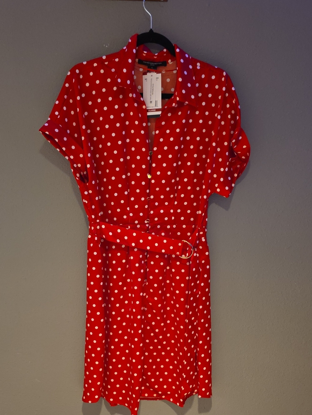 French Connection Red and White Polka Dot Mini Shirt Dress